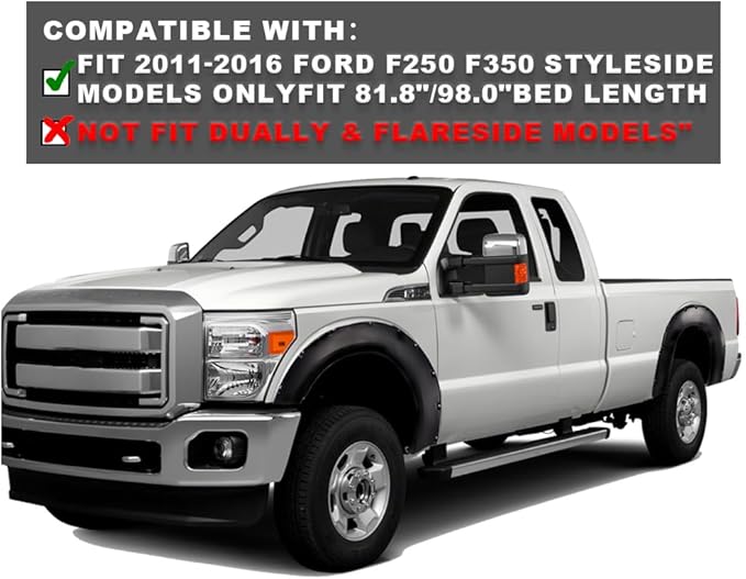 CHEDA Smooth Pocket Style Fender Flares, Compatible with 2011-2016 Ford F-250 F-350 Super Duty FO1240284 FO1241284