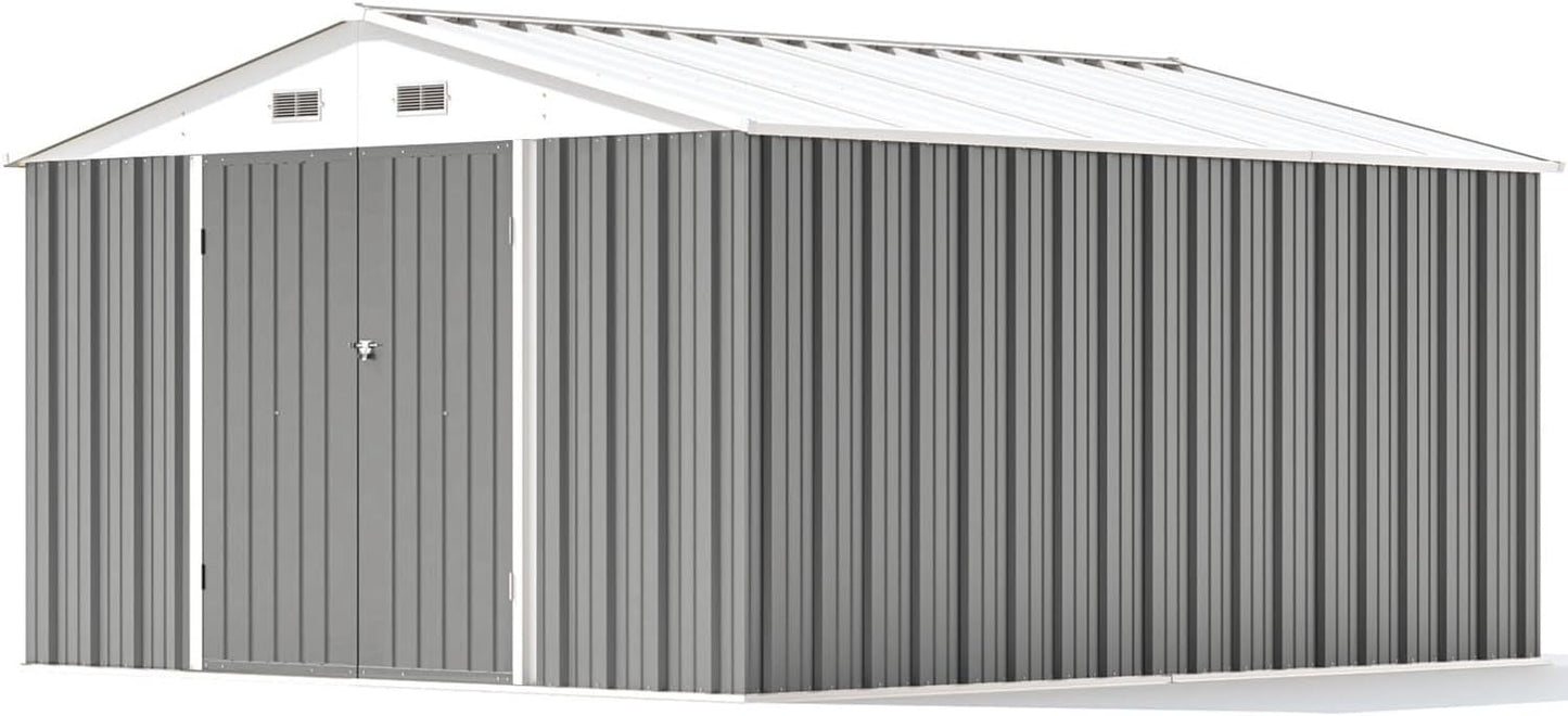 Patiowell 10 x 12 FT Metal Storage Shed for Outdoor, Steel Yard Shed with Design of Lockable Doors, Utility and Tool Storage for Garden, Backyard, Patio, Outside use, Gray