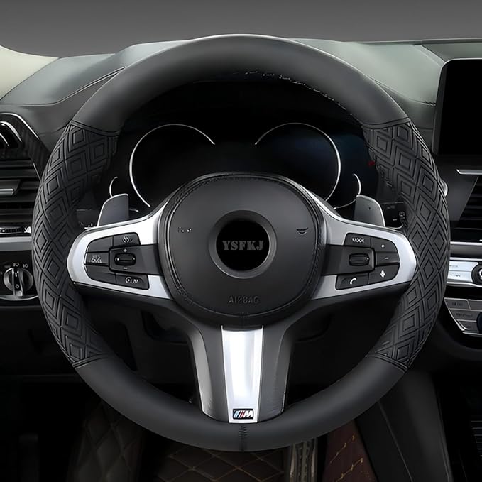 Black Leather Steering Wheel Cover, Stitch On Wrap, Breathable Cowhide Car Steering Wheel Cover, Standard Size 15 Inch (Type A)