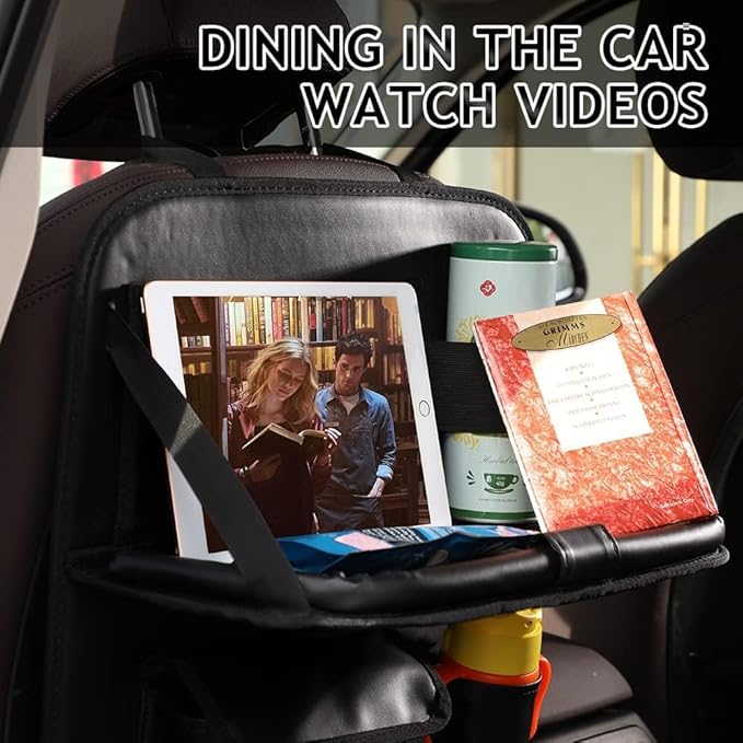 Leather Car Backseat Organizer with Tablet Holder - 9 Large Storage Pockets, Foldable Food Tray & Anti-Scratch Kick Mats - Universal Car Seat Protector for Kids, Pets & Travel Accessories 1 Pack