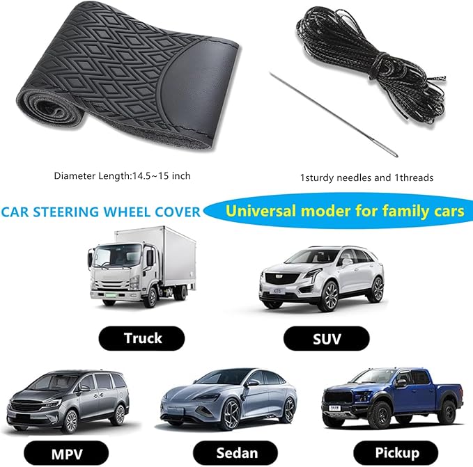 Black Leather Steering Wheel Cover, Stitch On Wrap, Breathable Cowhide Car Steering Wheel Cover, Standard Size 15 Inch (Type A)