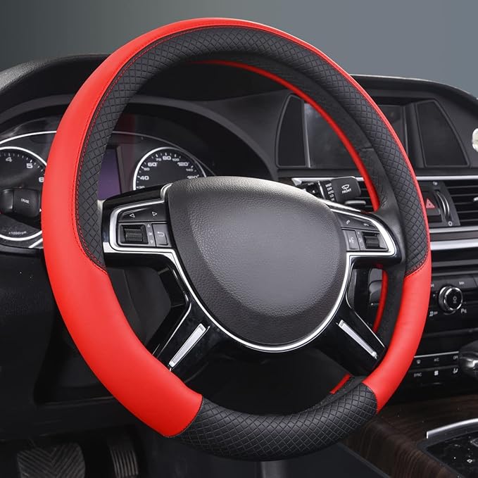 CAR PASS Rhombus Leather Universal Steering Wheel Cover, Fit for Suvs,Trucks,Cars,Sedans,Vans (Black&Red)