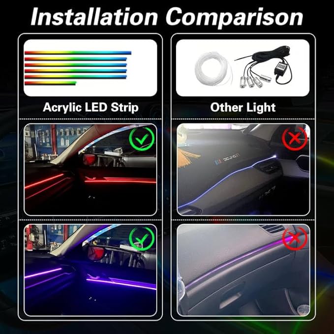 Acrylic Interior Car LED Lights with Remote and Wireless APP 6 in 1,Ambient Lighting Kits Fiber Optic Strip LEDs,16 Million Colors Music&DIY Function