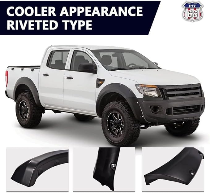 PIT66 Fender Flares, Compatible With 2011-2018 Ford Ranger T6 (2015-2018 Model Must Remove Factory Mudflaps) Paintable Smooth Matte Pocket Riveted Style Wheel Flares, 4PCS