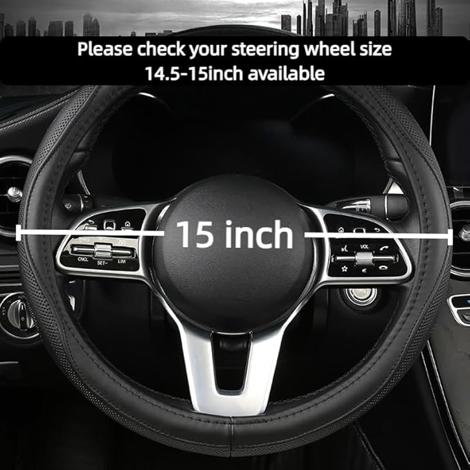 Cowhide Steering Wheel Cover Heat Resistant Anti-Slip Car Wheel Wrap Compatible with Most Makes and Models of Cars and Trucks with 14.5 to 15 Inch Steering Wheel(Black)