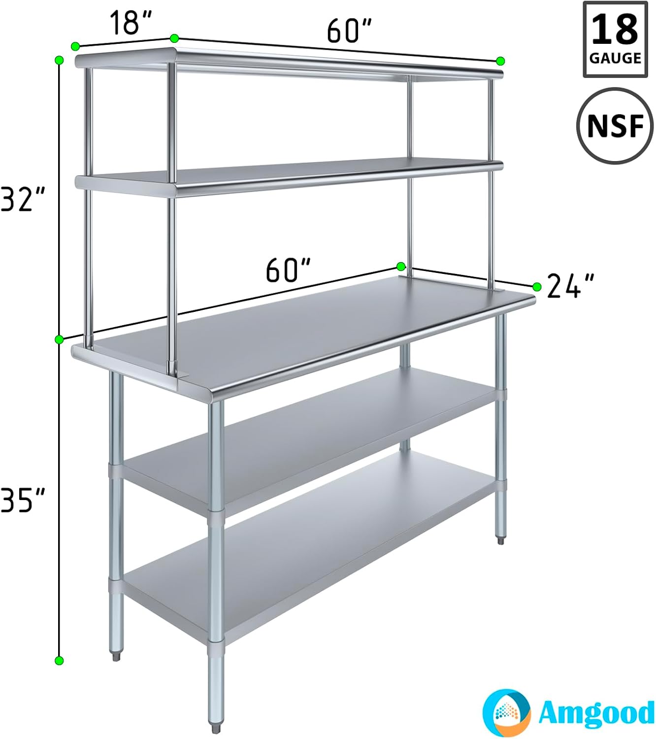 Amgood Stainless Steel Work Table with 2 Shelves | Metal Kitchen Prep Table & Shelving Combo (24" x 60" Table with 2 Shelves + 18" Overshelf)