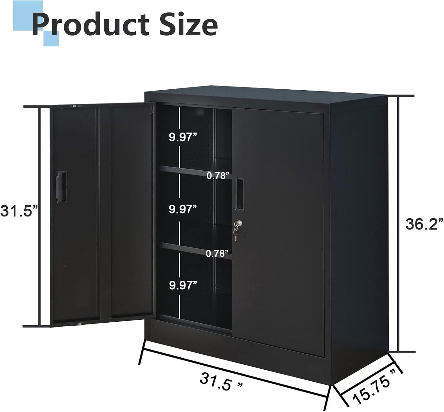 Metal Storage Cabinet, 36.2" H Locking Storage Cabinet with Adjustable Shelves for Garage, Home, Office, Utility Room-Black