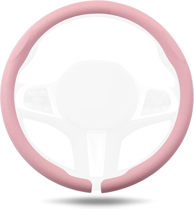 Aimato Nappa Leather Steering Wheel Cover, Ultra-Thin Car Steering Wheel Cover,Comfortable & Breathable Microfiber,Universal Fit for Most Cars,Pink