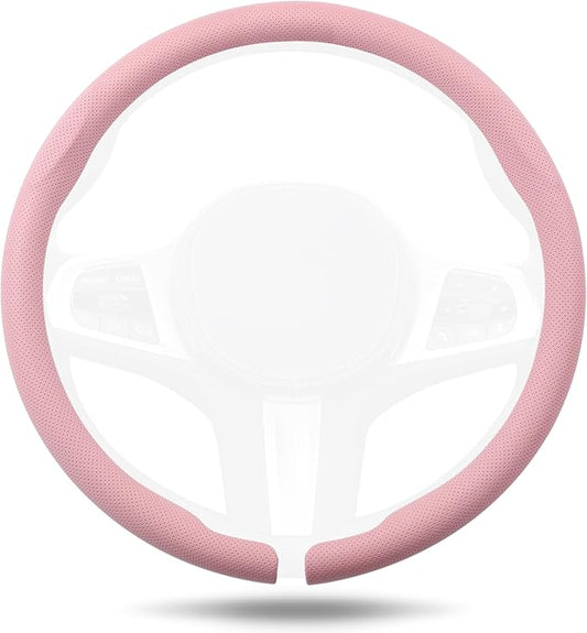 Aimato Nappa Leather Steering Wheel Cover, Ultra-Thin Car Steering Wheel Cover,Comfortable & Breathable Microfiber,Universal Fit for Most Cars,Pink