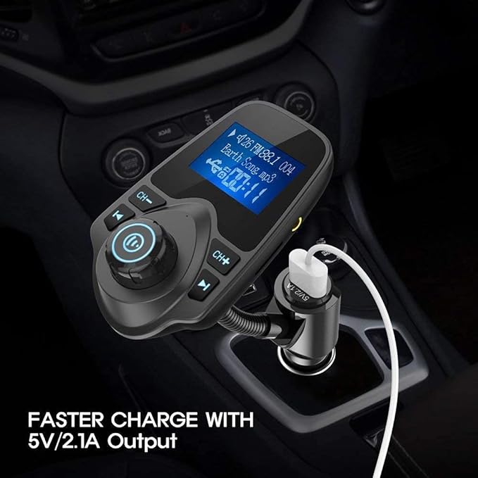 Nulaxy Bluetooth Car FM Transmitter Audio Adapter Receiver Wireless Handsfree Voltmeter Car Kit TF Card AUX 1.44 Display - KM18 Black Matte