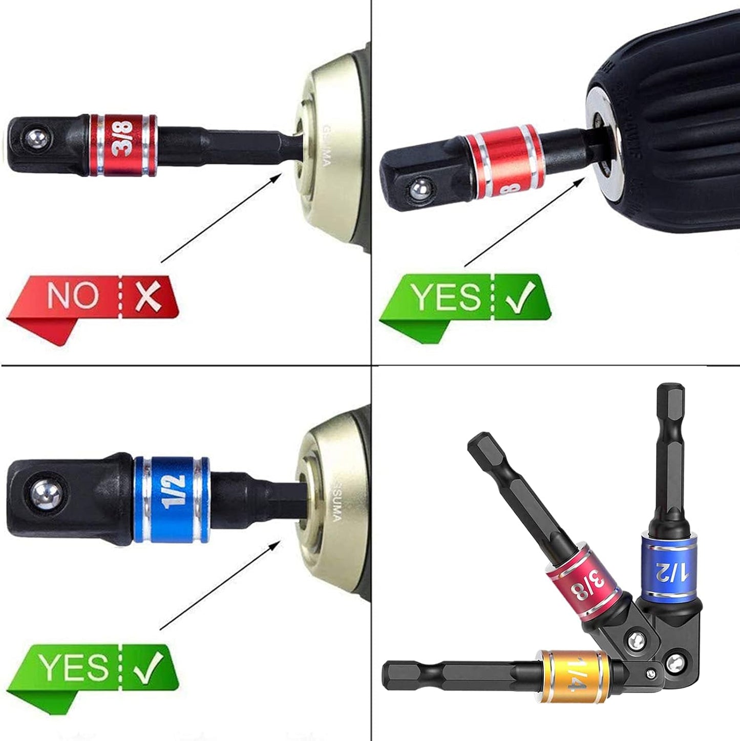 Impact Grade Socket Adapter Set - 3 Pcs Extension Drill Bit Socket Wrench Adapter for Impact Driver 1/4 3/8 1/2" Drive, 105 Degree Right Angle Drill Attachment for Household Workplace Industry