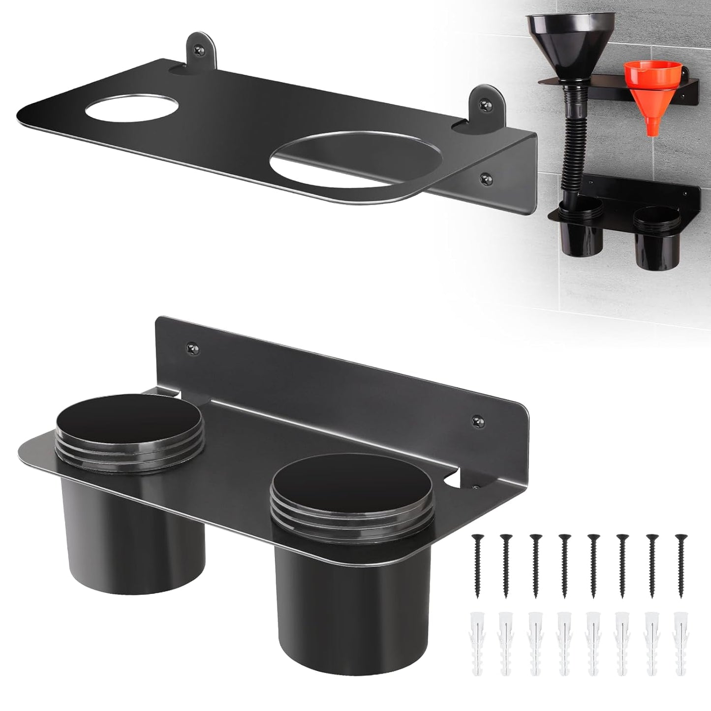 Oil Dual Funnel Holder Storage Rack Includes 2 Plastic Removable Drip Cups, Wall Mount Fluid Drain Funnel Kit Organizer Bracket for Enclosed Race Trailers, Automotive Garage Shop, Black