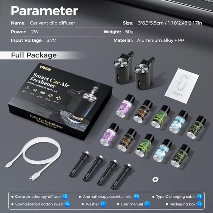 Car Air Freshener Diffuser, Smart Car Air Freshener, Auto On/Off with 3 Modes, Vent Clip, Long Lasting with 10 Essential Oils in 5 Scents (2 Pack)