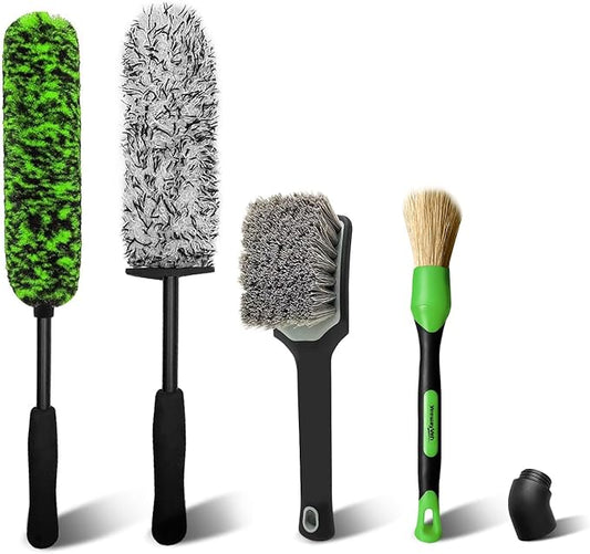 YeewayVeh 4PCS Car Wheel Cleaning Kit, Bendable Wheel Brush and Microfiber Scratch-Free Wheel Cleaner Brush, Tire and Car Detailing Brush Set for Cleaning Rims Fenders Engine and Exhaust, Green&Black