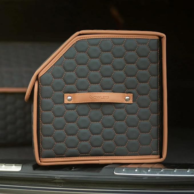 Owleys Rear Cargo Organizer For SUV | Set Of 17.7" & 21.6" Eco-Leather Crates | Foldable Car Storage With Magnetic Lids | Durable Car Trash Bin & Tote | Stylish Gifts For Boyfriend | Black-Brown