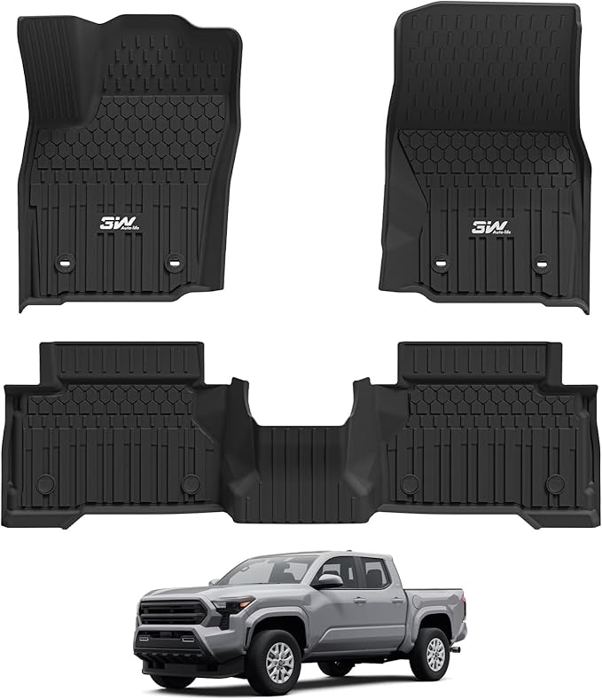 3W Floor Mats Fit for Toyota Tacoma Hybrid 2024 2025 2026, TPE All Weather Custom Fit Floor Liner for Tacoma Accessories 1st and 2nd Row Full Set Car Mats Easy Clean, Black(Only for Hybrid)
