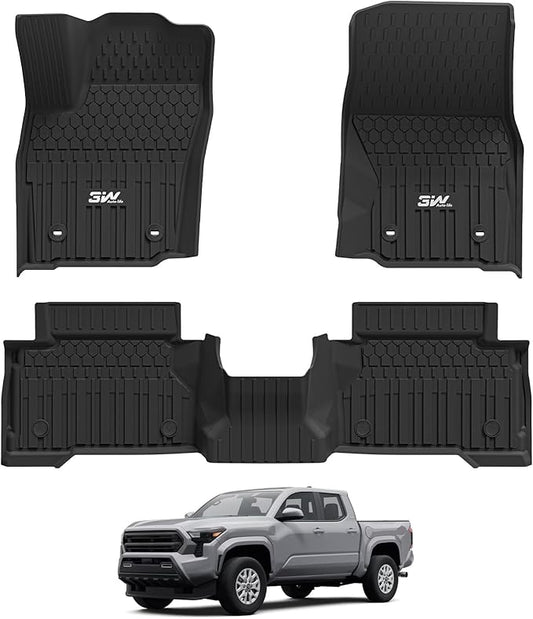 3W Floor Mats Fit for Toyota Tacoma Hybrid 2024 2025 2026, TPE All Weather Custom Fit Floor Liner for Tacoma Accessories 1st and 2nd Row Full Set Car Mats Easy Clean, Black(Only for Hybrid)