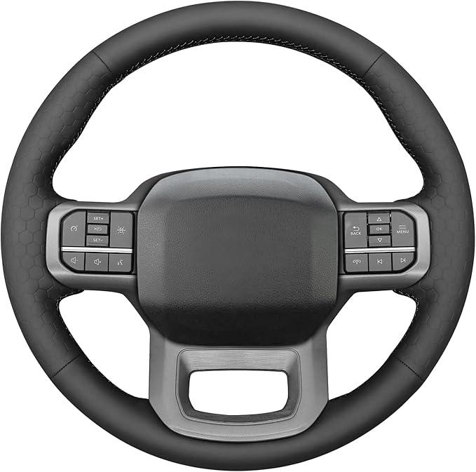MEWANT DIY Black Solid Hexagon Embossed Faux Leather Steering Wheel Cover for Ford F150 Lightning F350 2024 Expedition