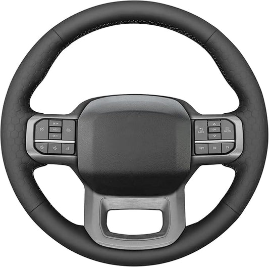 MEWANT DIY Black Solid Hexagon Embossed Faux Leather Steering Wheel Cover for Ford F150 Lightning F350 2024 Expedition
