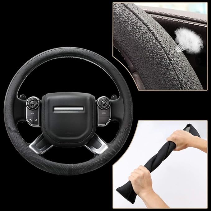 COFIT Breathable Car Steering Wheel Cover 16 inch Auto Universal Leather Wrap Non-Slip Protector Automotive Interior Accessories, Black (Suit for 15.5-16 inch)