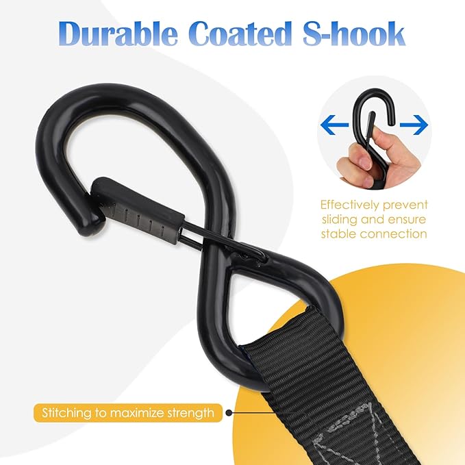 Ratchet Straps 4 Pack - 1,826 Lbs Break Strength 1 in x 15 Ft Medium Duty Ratchet Tie Down Straps with S Hooks Set for Truck, Cargo Van, Trailer, Motorcycle (Black)