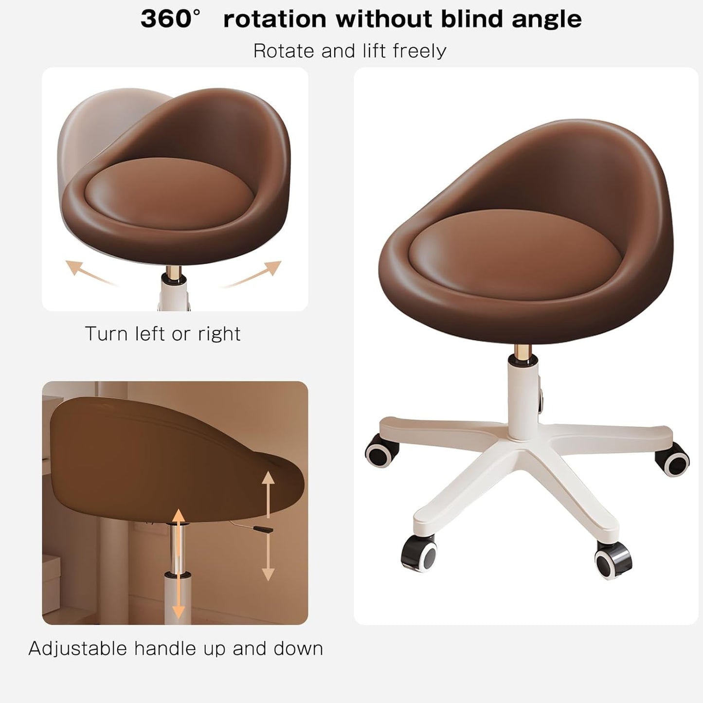 Rolling Stool Set of 4 Rolling Hydraulic Salon Stool with Low Backrest - Adjustable Swivel Chair for SPA, Shop, Salon, Massage, or Medical Office Brown