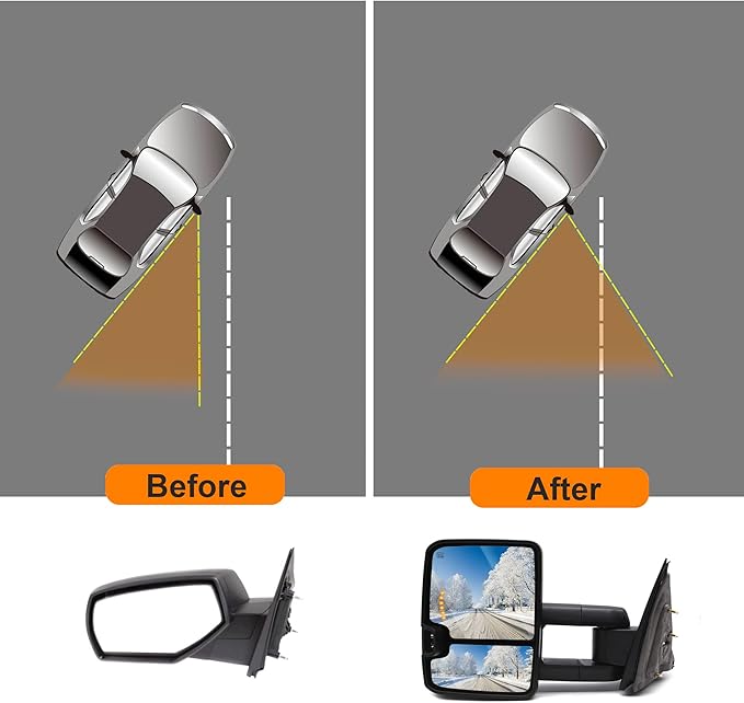 ReYee Towing Mirrors for 2014-2019 Chevy Silverado 1500 2500 3500 GMC Sierra with Power Heated Turn Signal Light Arrow Signal On Glass Auxiliary Lamp Manual Telescoping Folding Black Cap