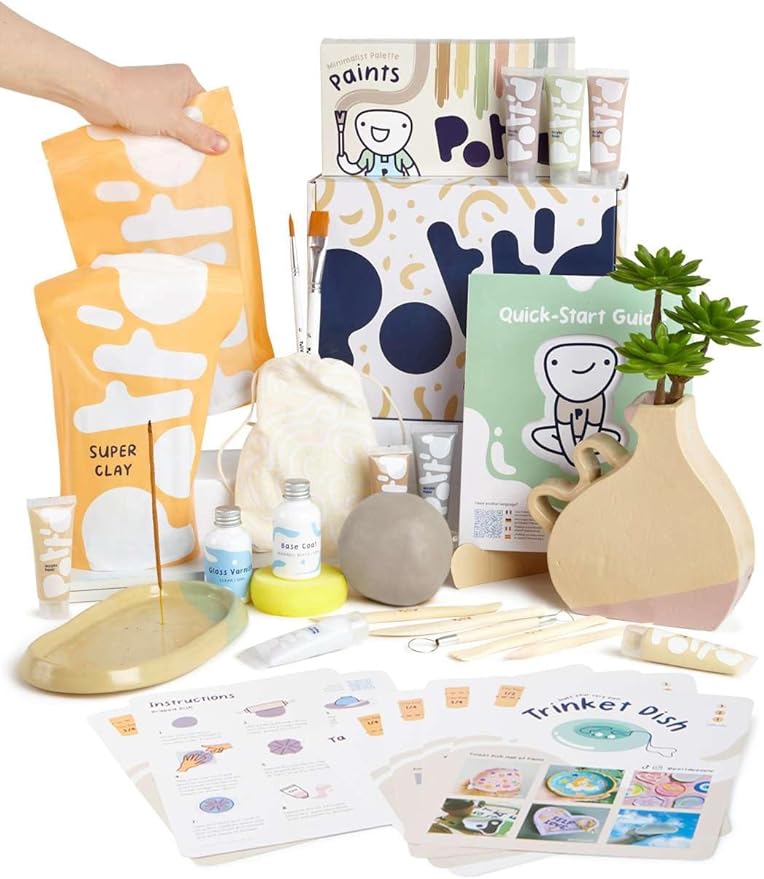 Pott'd Air Dry Clay for Adults. Beginners Home Pottery Kit for Adults. DIY Craft Kit for Adults. Kit Includes: Air-Dry Clay for Adults, Tools, Paints, Brushes, Sealant, How-to-Guides