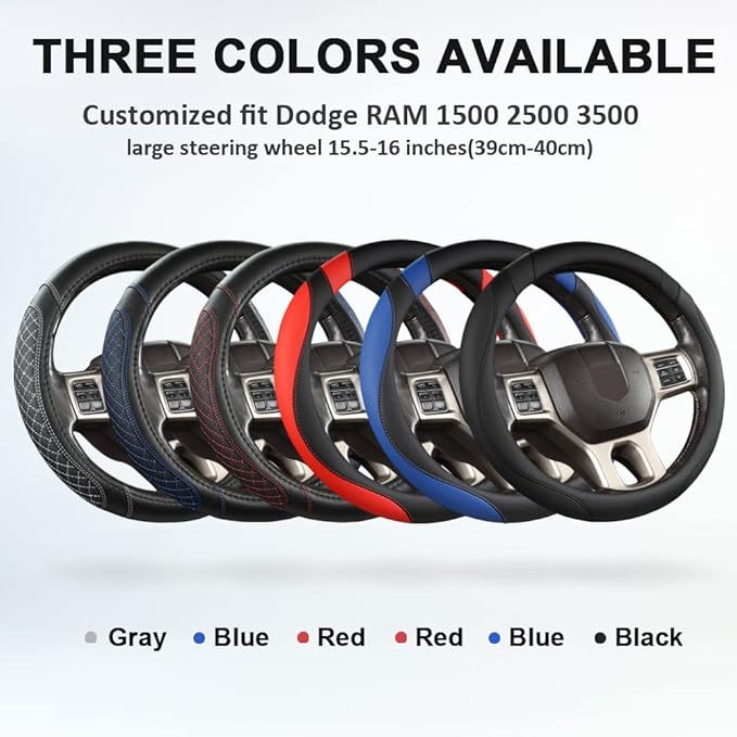 West Llama Customized Auto Car Steering Wheel Cover for Dodge RAM 1500 2500 3500, 15.5-16 inch (Black+Blue-Large Size)