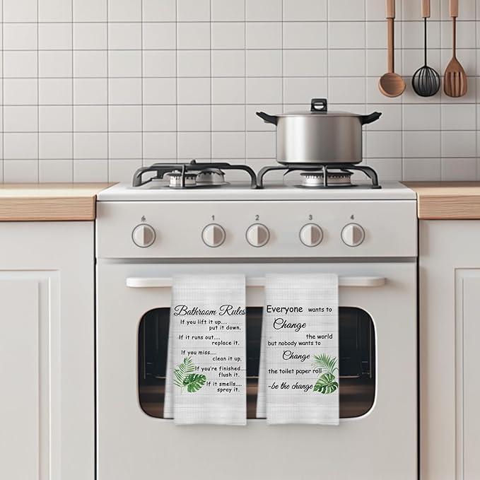 Funny Bathroom Rules Decorative Hand Towels Set of 2, Rustic Farmhouse Hand Towels for Bathroom Decor, 16x24 Inch(Tropical Leaves Style)