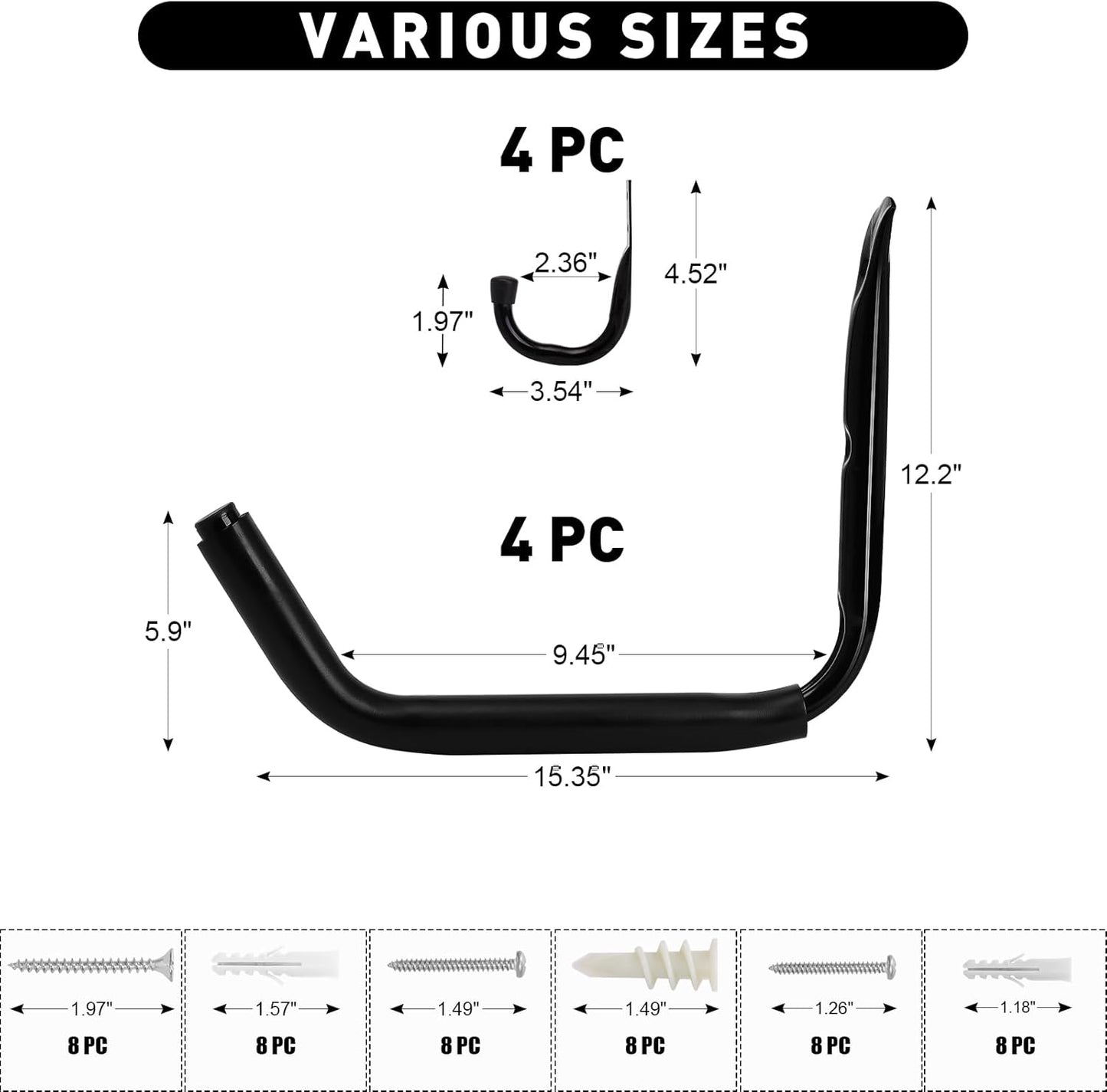 KURUI Heavy Duty Kayak Storage Rack, 100 LB (15") Wall Mount Hooks for Hanging Indoor/Outdoor, 8 Pack Large Garage Hooks for Ladder Kayaks Surfboards, Black Organization Hangers, Kayak Accessories