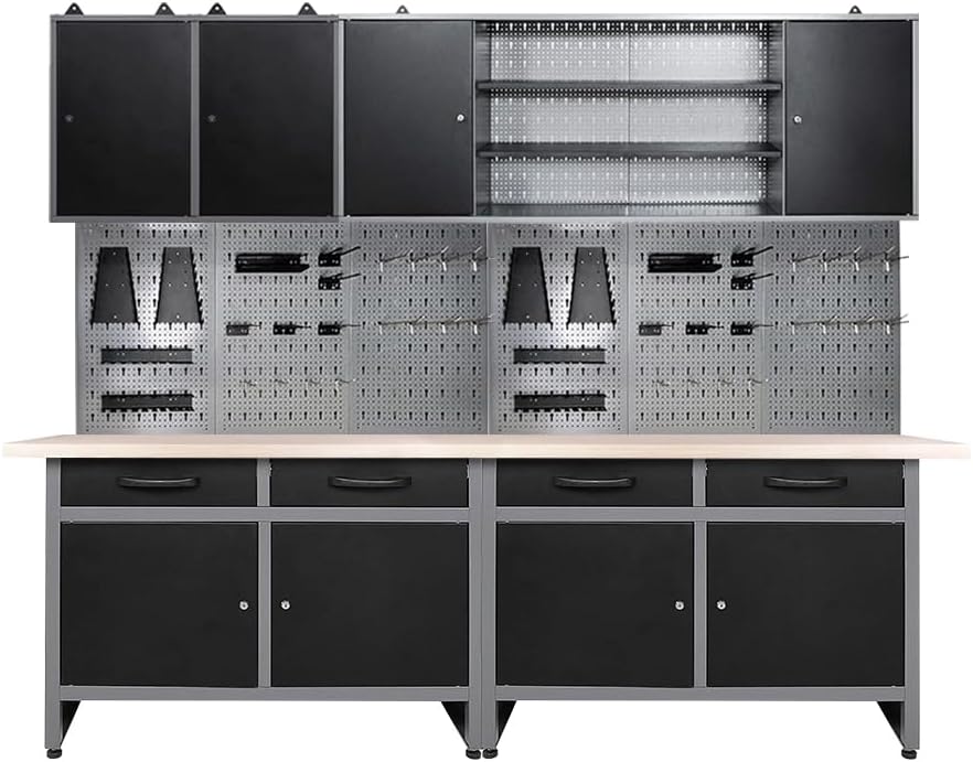 JZD Garage Tool Storage Cabinet System with Wood Worktop, for Maintenance Rooms, Auto Repair Shops