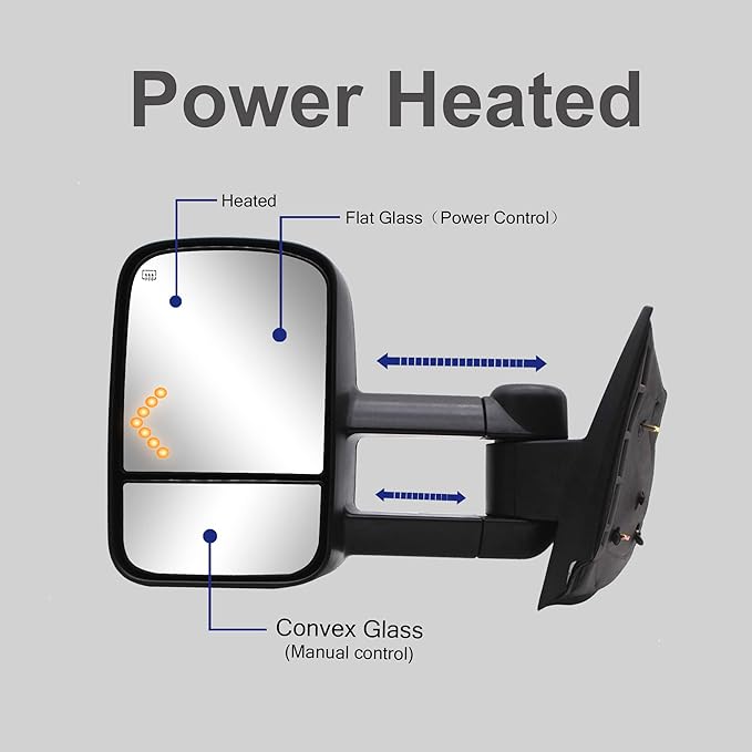WLLW Towing Mirrors fit for 2007-2014 Chevy Silverado 1500 2500 3500 Suburban GMC Sierra Yukon with Power Heated LED Arrow Signal Light Manual Folding Telescoping Black Cap