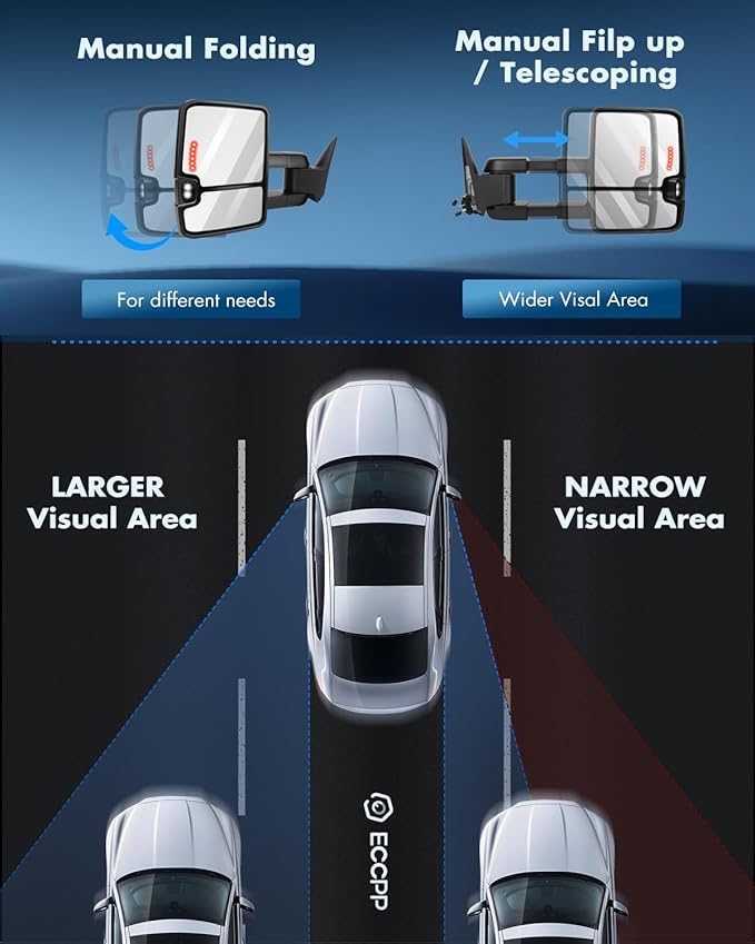 ECCPP Towing Mirrors Tow Mirrors With 1988-1998 For Chevy Silverado For GMC Sierra 1500 2500 3500 Power Adjusted No Heated Led Turn Signal Width Light Chrome Pickup