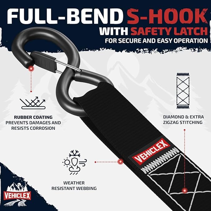 Vehiclex 1.5" x 15 ft 4,400 lb Heavy Duty Ratchet Tie Down Straps with Soft Loops – 4PK for Cargo & Equipment – Black