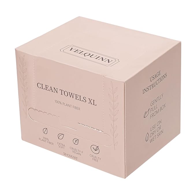 Velquinn Ultra Soft Face Towels, 100% Organic, Biodegradable, Hypoallergenic, Dermatologist Tested, 50 Count