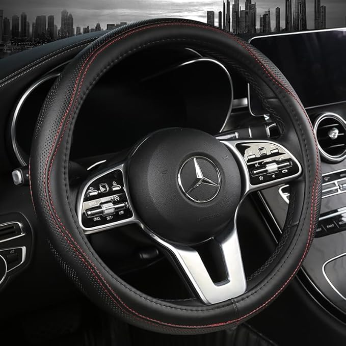 Cowhide Steering Wheel Cover Heat Resistant Anti-Slip Car Wheel Wrap Compatible with Most Makes and Models of Cars and Trucks with 14.5 to 15 Inch Steering Wheel(BlackRed)