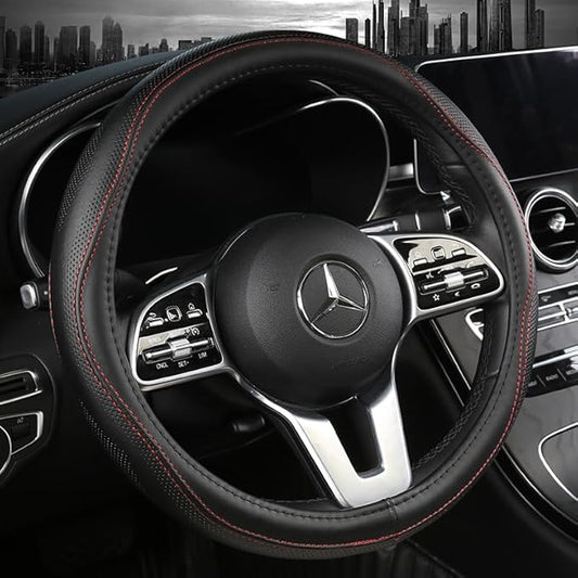 Cowhide Steering Wheel Cover Heat Resistant Anti-Slip Car Wheel Wrap Compatible with Most Makes and Models of Cars and Trucks with 14.5 to 15 Inch Steering Wheel(BlackRed)