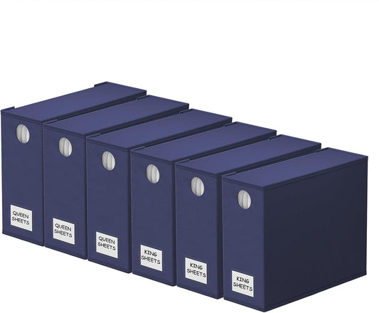SpaceAid 6 Pack Bed Sheet Organizers and Storage, Foldable Sheet Organizer with Window for Linen Closet, Set Folder Keeper for Queen & King Size Bedding Storage (Navy Blue)