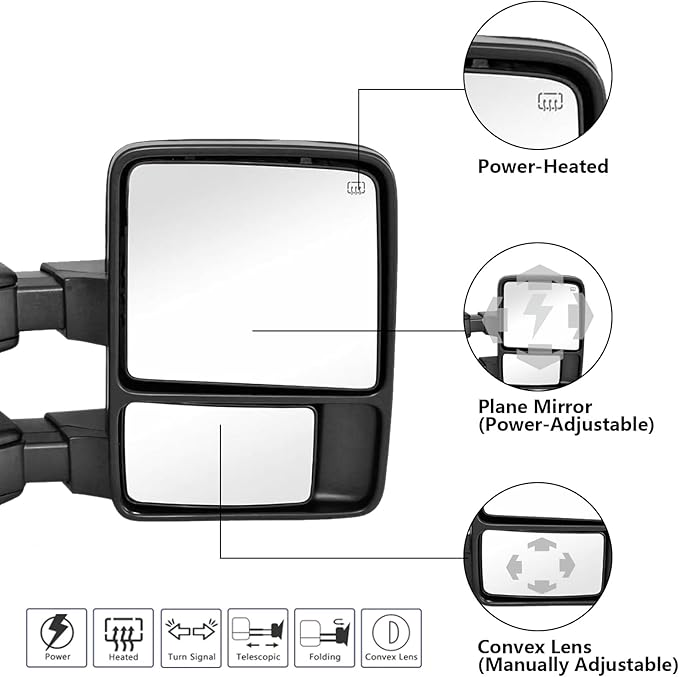 Towing Mirrors Replacement Fit For 2008-2016 F-250 F-350 F-450 F-550 Super Duty,Power Heated,Smoke Signal,Black (Pair Set)