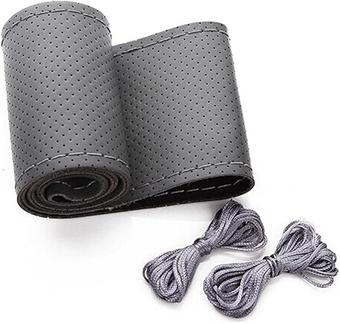 BELINOUS Universal Leather Car Steering Wheel Cover, Stitch On Wrap (Size M4, Gray)