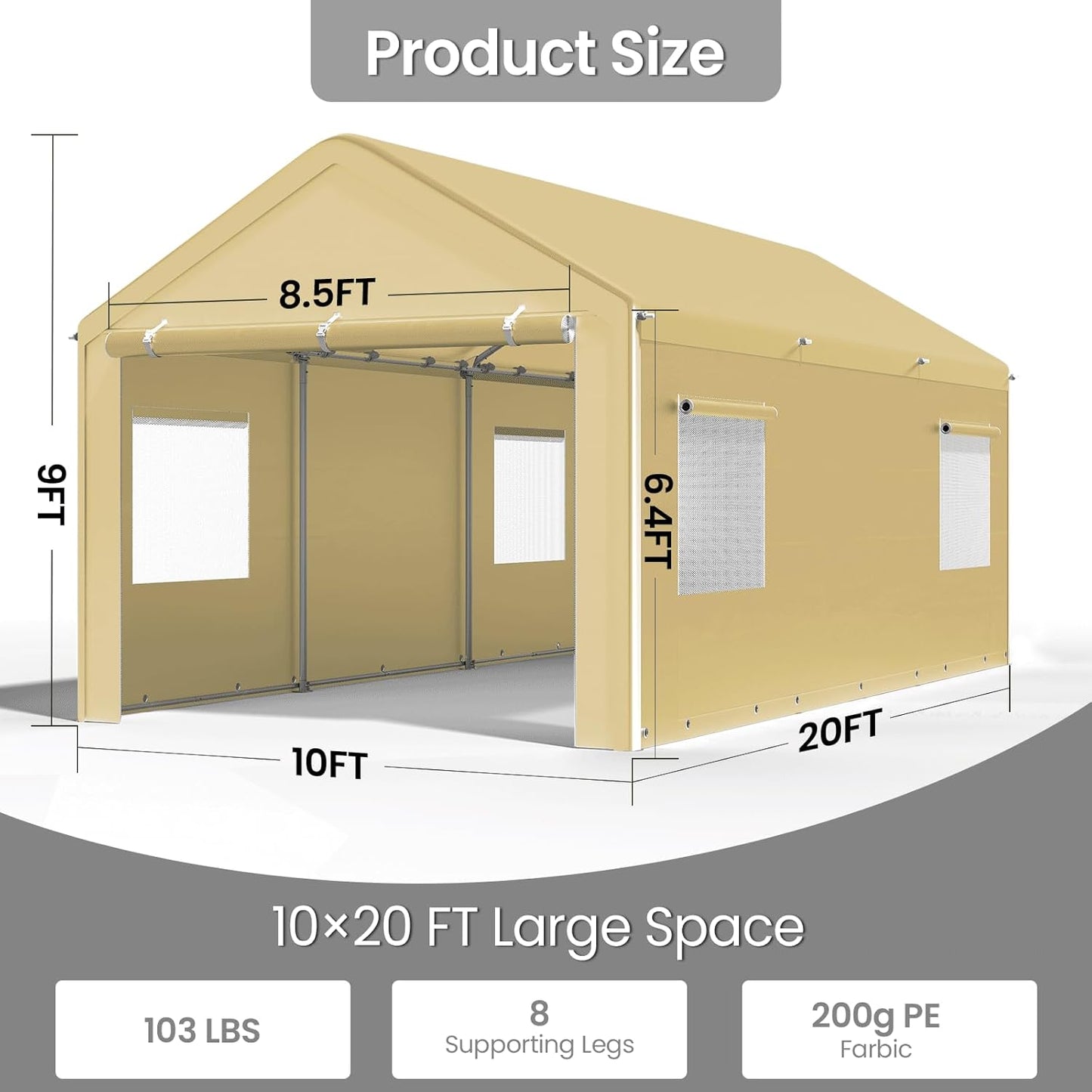 Carport 10x20 Ft, Heavy Duty Car Canopy with Reinforced Ground Bar, Portable Garage with Roll-up Windows and Removable Sidewalls, Galvanized Car Shelter, Large Outdoor Storage Shed (Yellow)