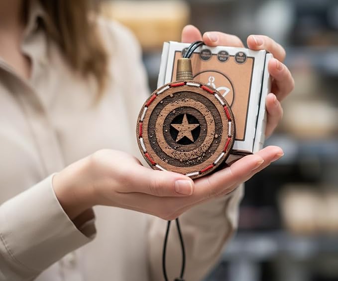 Wood Car Air Freshener — Captain Shield Handmade Unscented DIY Essential Oil Hanging Diffuser with Felt Insert — Add Your Own Oils — Refillable — Car/Truck/SUV — Cardboard Box