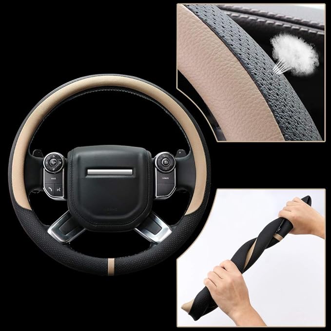 COFIT Breathable Car Steering Wheel Cover 16 inch Auto Universal Leather Wrap Non-Slip Steeringwheel Protector Automotive Interior Accessories, Beige (Suit for 15.5-16 inch)