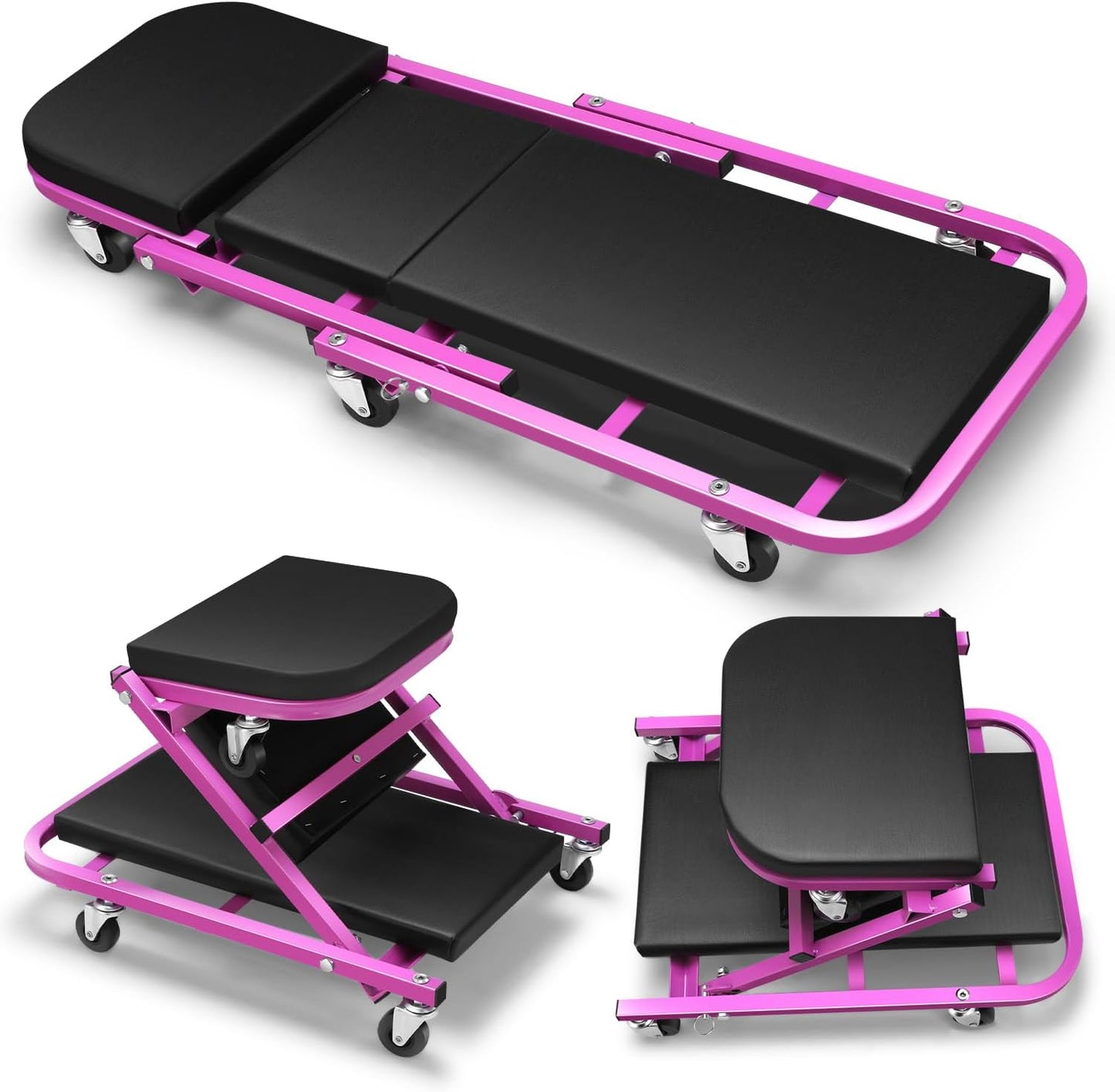 DNA MOTORING 40 Inches Folding 2 in 1 Rolling Z Creeper, Adjustable Roller Garage Chair Lay Down or Sit, 6 Pcs 2" Casters, 150kg Weight Capacity, Purple, TOOLS-00187-PR