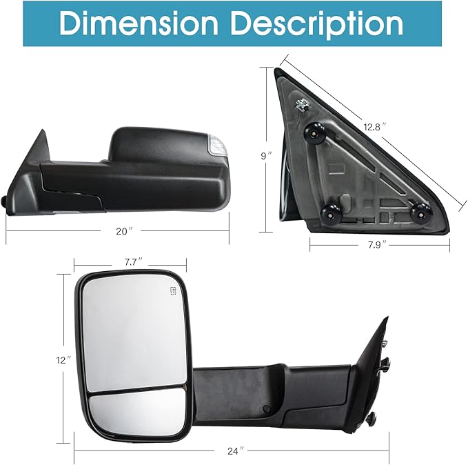 BOOLEE Towing Mirrors Power Heated Compatible with 2009-2018 Dodge Ram 1500 2500 3500 Turn Signal Lamp Puddle Light Temperature Sensor Pickup Truck Tow Mirrors Black