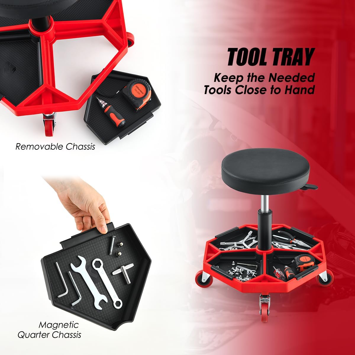 IRONMAX Rolling Mechanic Stool, Adjustable Shop Stool Creeper Seat with Removable Tool Tray, Padded Plush Cushion, Universal Wheels, Heavy Duty Metal Frame, 330 LBS Max Load