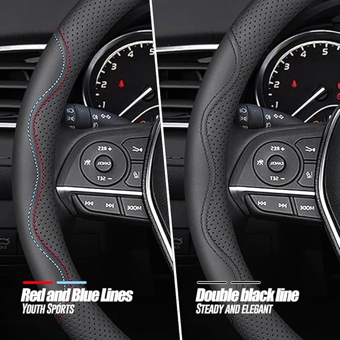 LKWLIKEI Nappa Premium Leather car Steering Wheel Cover, Non-Slip, Breathable, Universal 15 inches