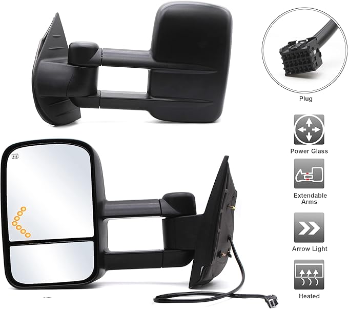 ReYee Towing Mirrors for 2007-2014 Chevy Silverado 1500 2500 3500 Tahoe Suburban GMC Sierra Yukon Tow Mirror with Power Adjust Heated LED Arrow Signal Light Manual Folding Telescoping Black Cap LH RH