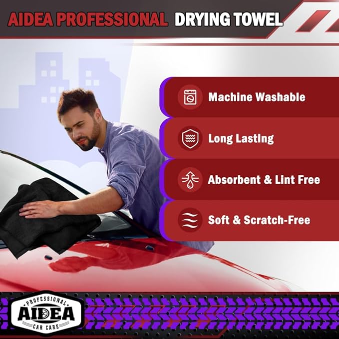 AIDEA Microfiber Towels for Cars-2PK, Large Professional Car Drying Towel, Scratch-Free & Absorbent Drying Towel for Cars, SUVs, RVs, Trucks, and Boats, 24inx 31in, Black